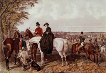 Die Fuchsjagd, das Treffen Der Reiter steigt in die Amazon. Anonyme Lithographie des 19. Jahrhunderts. Private Sammlung