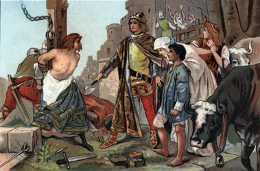 Die Gerechtigkeit von Baudouin VII. (1092-1119), Graf von Flandern genannt die Axt. Werbechromolithographie von Antoine Schokoladen in Brüssel, Anfang des 20. Jahrhunderts. Private Sammlung