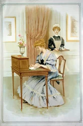 Der Brief. Eine junge Frau sitzt an ihrem Schreibtisch und schreibt einen Brief