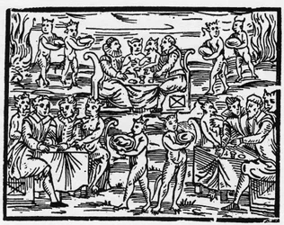 Das Mahl der Hexen am Sabbat - „Compendium Maleficarum“, behandelt Hexen, ihre Bosheit und ihre Zauberei von Francesco Maria Guazzo (1608) Private Sammlung