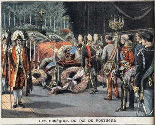 Die Trauerfeier für den portugiesischen König Karl I. (1863-1908), der am 1. Februar 1908 bei einem Attentat starb. Stich aus der Zeitung „Le Petit Parisien“ vom 02/23/1908. Privatsammlung.