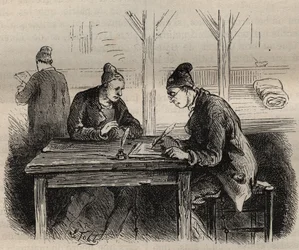 Der öffentliche Schreiber im Toulon-Bagne im 19. Jahrhundert. Gravur in „Histoire des bagnes depuis leur création à nos jours“ (1877) von Pierre Zaccone (1817-1895). Private Sammlung.