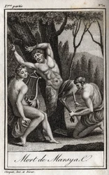 Die Bestrafung oder der Tod des Marsyas (Die Bestrafung des Marsyas) wird bestraft, weil er Apollo zur Lyra herausgefordert hat, und wird vom Bogenschützen in Anwesenheit von König Midas und den Musen gehäutet. Gravur von 1819 in „Lettres à Emilie sur la m