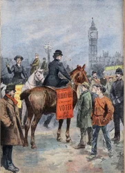 Die Suffragetten reiten durch die Stadt London. Gravur aus der Zeitung 