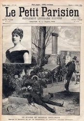 Der Suizid von General Georges Boulanger (1837-1891) auf dem Friedhof von Ixelles in Belgien vor dem Grab von Madame Bonnemains. Stich in „Le Petit Parisien“ von 1891. Privatsammlung.
