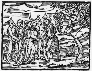 Die Hexen tanzen auf dem Sabbat zum Klang der Geige - „Compendium Maleficarum“, behandelt Hexen, ihre Bosheit und ihre Zauberei von Francesco Maria Guazzo oder Guaccio oder Guaccius (15?? -16??) 1608 Private Sammlung