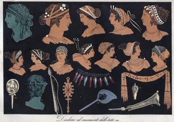 Diademe und Kopfschmuck im antiken Griechenland - Stich aus „Usi e Costumi di Tutti i Popoli dell