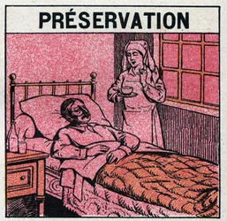 Ultraviolette Strahlen: Um Narben durch Pocken zu vermeiden, sollten Patienten in Räumen behandelt werden oder nur rotes Licht betreten, frei von ultravioletten Strahlen. Anonyme Illustration von 1925. Private Sammlung.