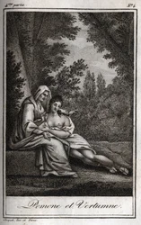 Vertumnus und Pomona (Jupiter und Ceres): Vertumnus, verliebt in die Nymphe Pomona, verkleidet sich als alte Frau, um sich ihr zu nähern. Gravur von 1819 in „Lettres à Emilie sur la mythologie“ von Charles Albert Demoustier (1760-1801). Private Sammlung