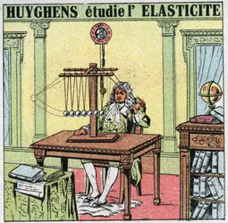 Schwingungsbewegungen: Christiaan Huygens (1629-1695) untersucht die Elastizität des Materials durch Beobachtung von Elfenbeinkugeln. Anonyme Illustration von 1925. Privatsammlung.