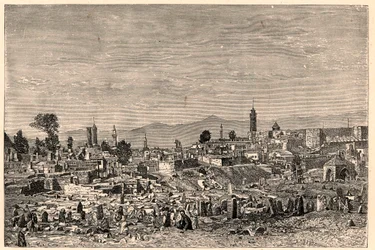 Ansicht der Stadt Erzurum in Armenien (heute Türkei). Gravur in „Les Missions Catholiques au XIXème Siècle“ von Louis-Eugène Louvet. Private Sammlung.