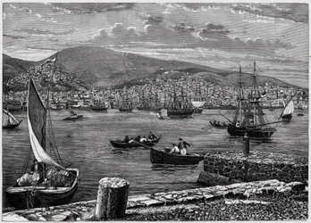 Ansicht der Insel Syra in Griechenland. Gravur in „Les Missions Catholiques au XIXème Siècle“ von Louis-Eugène Louvet. Private Sammlung.