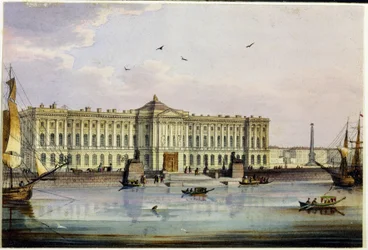 Außenansicht der Kaiserlichen Akademie der Schönen Künste in Sankt Petersburg (Album von Marie Taglioni). Anonyme Radierung und Aquarell, 1840er Jahre. Moskau, Staatliches Museum