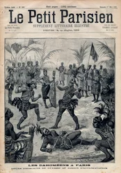 Kriegsexerzitien: Amazonen, Krieger und Feticheure aus Dahomey (heute Benin) aus dem Garten der Akklimatisation in Paris (Menschlicher Zoo). Gravur in „Le petit Parisien“ von 1891. Private Sammlung.