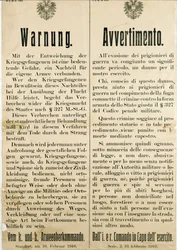 Warnung nach der Flucht italienischer Kriegsgefangener am 16. Februar 1916, die die österreichische Bevölkerung auffordert, ihnen nicht zu helfen