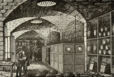 Weinkeller des Schatzes der Banque de France im 19. Jahrhundert, Gravur, Private Sammlung