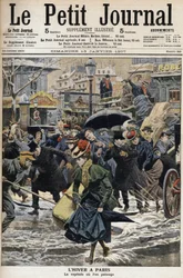 Winter in Paris: Die Pfähle waten im geschmolzenen Schnee und die Kutschen der Passanten. Gravur auf der Titelseite des Petity Journal