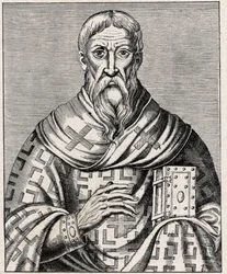 Porträt von Dionysius dem Areopagiten - Porträt von Saint Denys dem Areopagiten (1. Jahrhundert), griechischer Bischof - Gravur nach einer Illustration aus „Leben berühmter Männer“ von Thevet - In „Les Missions Catholiques au XIXème Siècle“ von Louis-Eugèn
