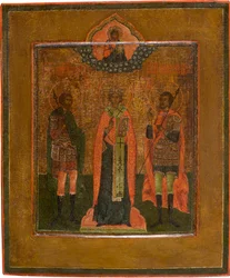 Heilige Menas, Nikita von Nowgorod und Johannes der Krieger, erstes Viertel des 19. Jahrhunderts