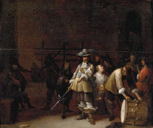 Ein Wachrauminterieur mit einem Kavalier, der sich mit einem Trommler unterhält