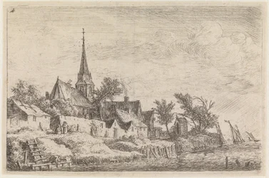 Dorf mit einer Kirche mit spitzem Turm am Meeresufer (Nr. 4 aus einer Serie von 12 Drucken)