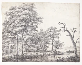 Flusslandschaft mit einem Mann in einem Ruderboot