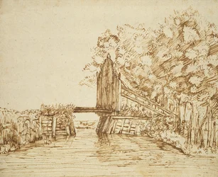 Kleine Brücke über Wasser und das Tor zum Anwesen