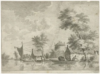 Flusslandschaft mit einem Heuschober