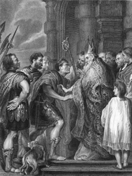 St. Ambrosius verweigert Kaiser Theodosius den Zutritt zur Kirche (Gravur)