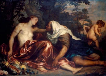 Vertumnus und Pomona (Jupiter und Ceres): Vertumnus, verliebt in die Nymphe Pomona, verkleidet sich als alte Frau, um sich ihr zu nähern. Gemälde von Antonie Van Dyck (1599-1641) 1623-1625