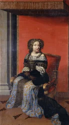 Ganzfiguriges Porträt der Königin Maria Theresia, sitzend auf einem Thron, in einem juwelenbesetzten schwarzen Mieder mit Spitzenkragen und einem blau-goldenen Rock