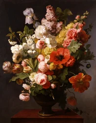 Stillleben mit Sommerblumen mit Pfingstrosen, Iris und Flieder. 1819. Gemälde von Antoine Berjon (1754-1843) Privatsammlung.