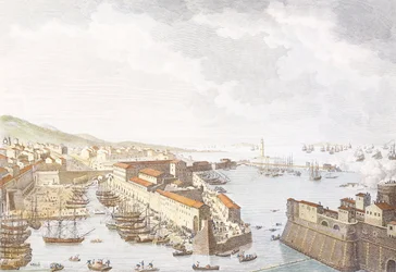 Einzug der Franzosen in Livorno, Juni 1796, Stich von Jean Duplessis-Bertaux, Zeichnung von Carle Vernet, Französische Revolutionskriege, Italien