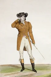 Ein Dandy in einem bootförmigen Hut, einer dunfarbenen Jacke und Reithosen, Platte 1 aus der Serie 
