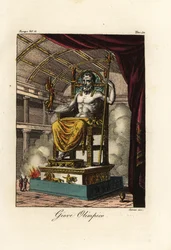Statue des Zeus oder Jupiter in Olympia, riesige sitzende Figur des griechischen Bildhauers Phidias, um 435 v. Chr. im Heiligtum von Olympia, Griechenland