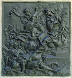 Der Engel Frankreichs vertreibt die Ketzer, Detail vom Sockel einer Statue von Ludwig XIV., ca. 1687