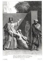 Esther fleht Assuerus in Anwesenheit von Aman an, Illustration aus Esther von Jean Racine (1639-99), graviert von J.J. Coiny (1761-1809)