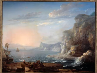 Sonnenuntergang Eine Landschaft mit Klippen und Felsen am Meer, mit Fischern im Vordergrund. 18. Jahrhundert