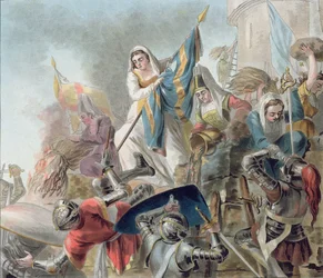 Jeanne Laisne erhebt ein Banner gegen die Männer von Bourgogne, graviert von Morret (fl. 1790-1820) 1787