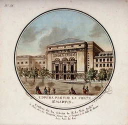 Die Oper, gebaut nach den Zeichnungen des Architekten Le Noir in der Nähe der Porte Saint Martin in Paris, heute das Theater der Porte Saint Martin. In malerische Ansichten der Hauptgebäude von Paris von Sergeant