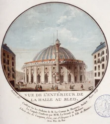 Ansicht des Äußeren des Weizenmarktes, Paris, gebaut von Le Camus de Mézières zwischen 1763 und 1766, heute die Börse in Paris. In malerischen Ansichten der Hauptgebäude von Paris von Sergeant