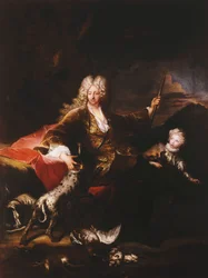 Porträt des Marchese Paolo Corbelli, ganzfigur, sitzend auf einer Bank am Waldrand, 1709