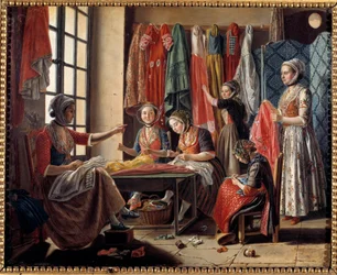 Eine Nähwerkstatt in Arles im Jahr 1760. Antoine Raspal (1738-1811), 1760. Arles, Musée Réattu