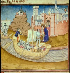 Die Normannen unter der Führung des Wikingerchefs Rollon versuchten, Chartres einzunehmen, aber der Bischof der Stadt Gancelme schaffte es, sie 910-911 zurückzuschlagen. Miniatur aus Les chroniques de Saint Denis von Antoine Vera