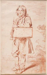 Junger Savoyarde. Ganzfigur von vorne links, stehend, über der Schulter hängt eine Kiste mit dem Murmeltier, in den Händen hält er die Flöte