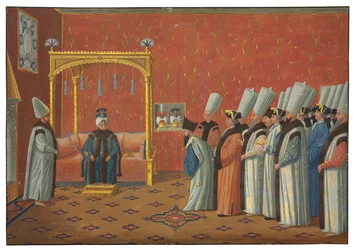 Die Vorstellung des Grafen de Vergennes, des Botschafters Ludwigs XV., bei Sultan Osman III. im Thronsaal des Topkapı-Palastes am 3. Juni 1755