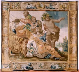 Flämische Tapisserie. Serie Geschichte des Theseus. Bacchus nimmt Ariadne zur Frau. Neunter Wandteppich in der Serie. Modell Anthonis Sallaert. Herstellung Jan Raes der Jüngere, Brüssel. Ca 1630.