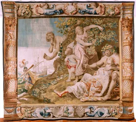 Flämische Tapisserie. Serie Geschichte des Theseus. Theseus verlässt Ariadne auf der Insel Naxos. Achter Wandteppich in der Serie. Modell Anthonis Sallaert. Herstellung Jan Raes der Jüngere, Brüssel. Ca 1630.