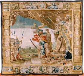 Flemischer Wandteppich. Serie Geschichte des Theseus. Theseus präsentiert dem König und der Königin von Kreta den Kopf des Minotaurus. Siebter Wandteppich in der Serie. Modell Anthonis Sallaert. Herstellung Jan Raes.