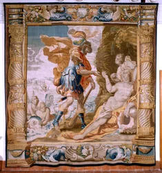 Flandrischer Wandteppich. Serie Geschichte des Theseus. Theseus erhält Minos